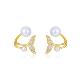 Pearl Stud Earrings 14K Plating Copper Zirconia Butterfly Party