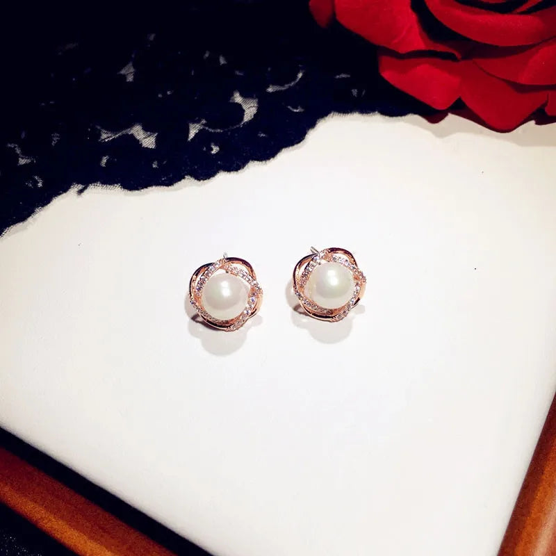 Vintage Pearls Stud Earrings for Women S925 Sweet Accessories