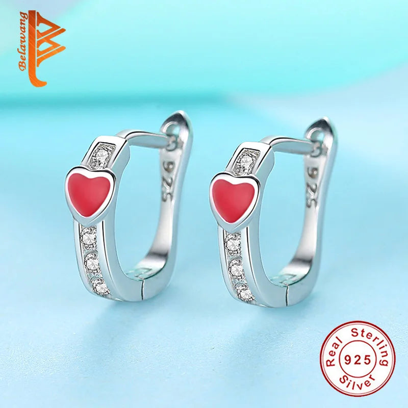 Child Clear CZ Crystal Red Heart Earrings 925 Sterling Silver