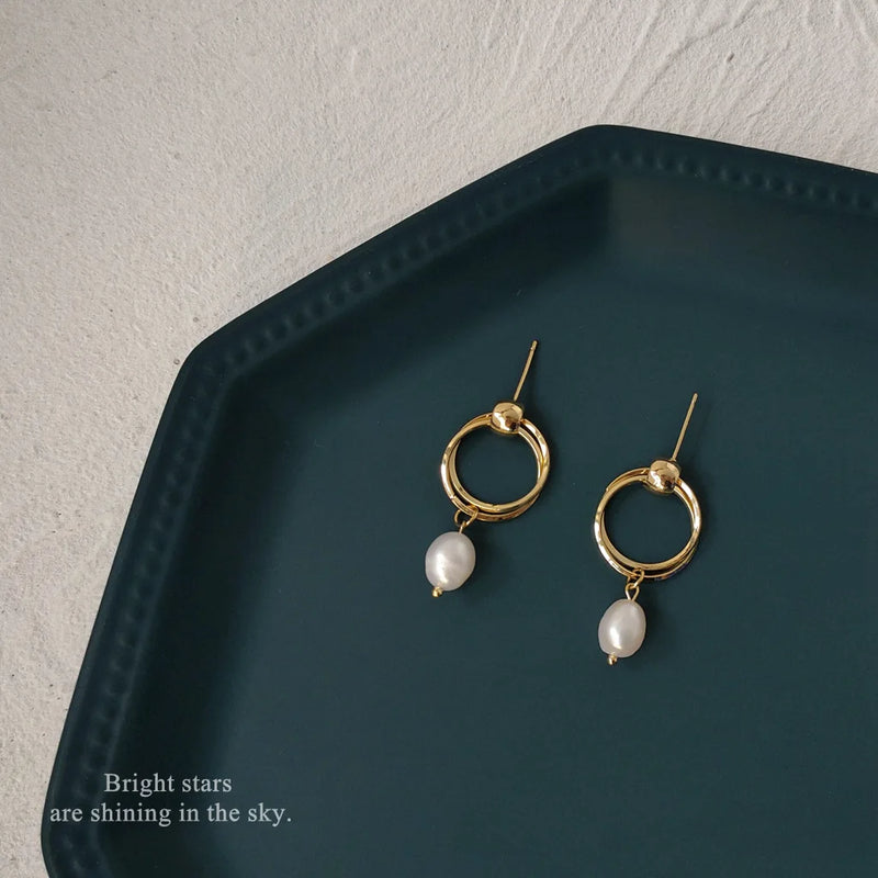 Freshwater Pearl Geometric Stud Earrings Retro Jewelry
