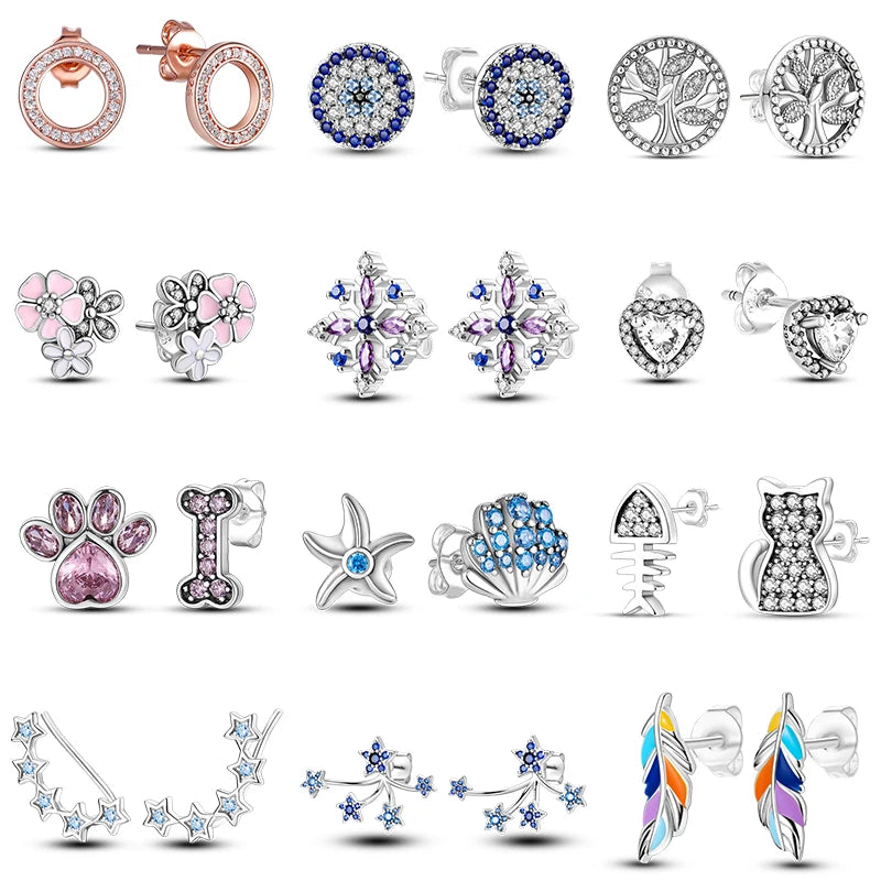 925 Sterling Silver Sparkling Zircon Flower Snowflakes Stud Earrings