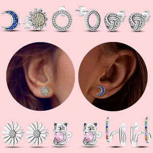 925 Sterling Silver Sparkling Zircon Flower Snowflakes Stud Earrings