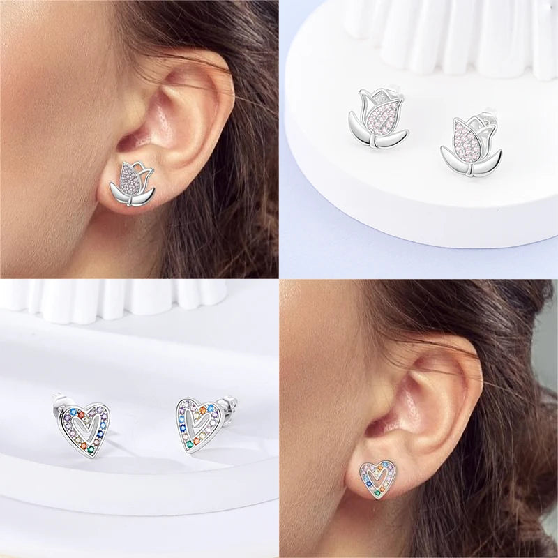 925 Sterling Silver Sparkling Zircon Flower Snowflakes Stud Earrings