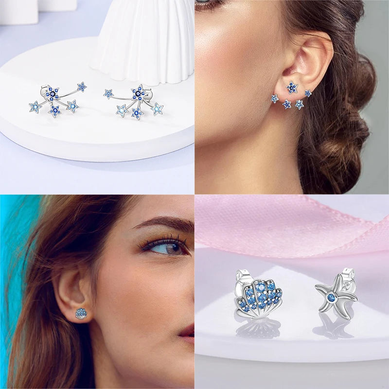 925 Sterling Silver Sparkling Zircon Flower Snowflakes Stud Earrings