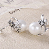 Silver 925 Stud Earrings with Freshwater Pearls and Zircon Flower