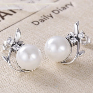 Silver 925 Stud Earrings with Freshwater Pearls and Zircon Flower