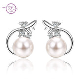Silver 925 Stud Earrings with Freshwater Pearls and Zircon Flower