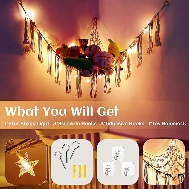 Stuffed Animal Net With LED Light, Hanging Corner Net for Storage