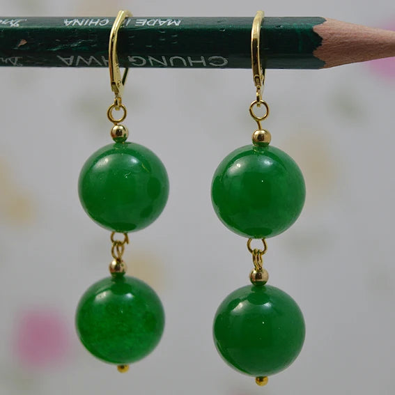 Big Round Green Jade Earrings 14K/20 Hook Fine Jewelry