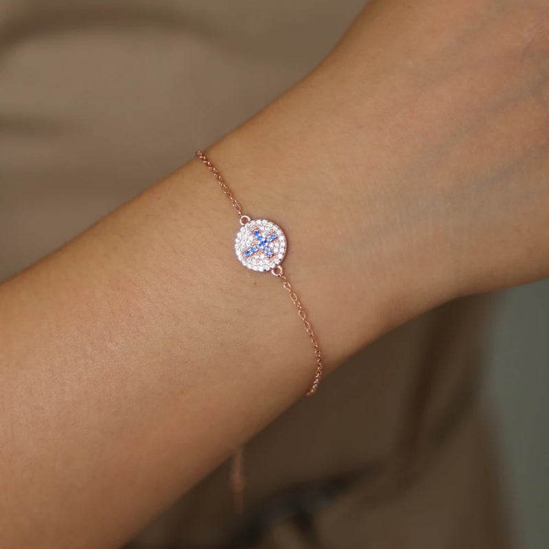 925 Silver Cross Bracelet CZ Pave Delicate Adjustable
