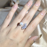 925 Silver Plated Pearl Zircon Ring for Women Adjustable Party Jewelry