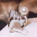 925 Silver Plated Pearl Zircon Ring for Women Adjustable Party Jewelry