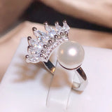 925 Silver Plated Pearl Zircon Ring for Women Adjustable Party Jewelry