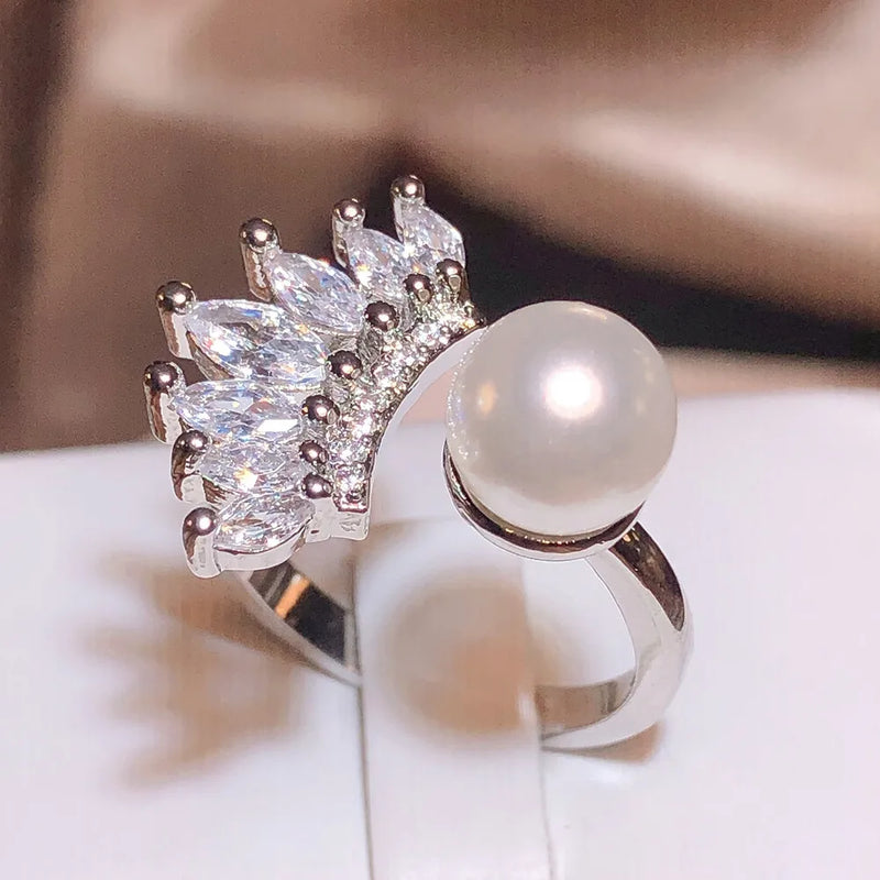 925 Silver Plated Pearl Zircon Ring for Women Adjustable Party Jewelry