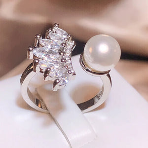 925 Silver Plated Pearl Zircon Ring for Women Adjustable Party Jewelry