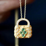 Stylish Bag Necklace Ancient Silver Gilding Emerald Necklace