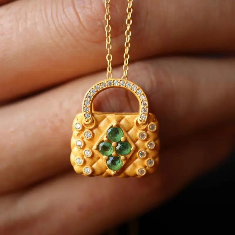 Stylish Bag Necklace Ancient Silver Gilding Emerald Necklace