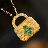 Stylish Bag Necklace Ancient Silver Gilding Emerald Necklace