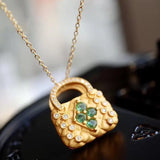 Stylish Bag Necklace Ancient Silver Gilding Emerald Necklace
