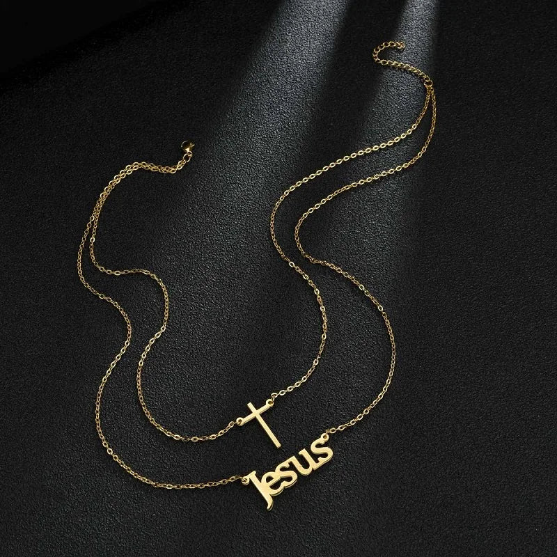 Cross Name Necklace Double Layer Jesus Pendant Jewelry