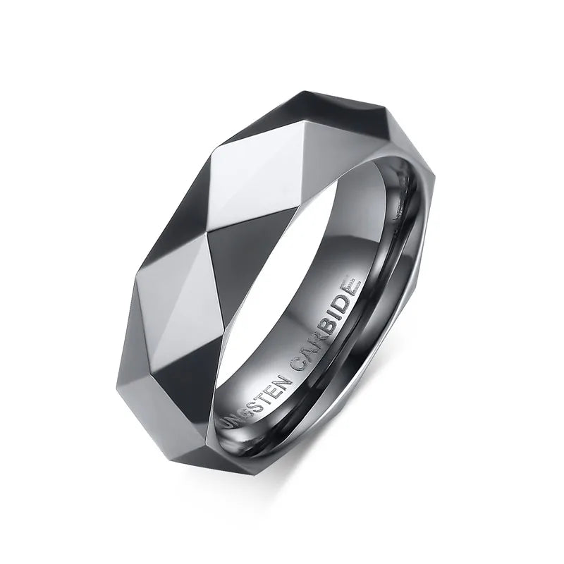 Mens Tungsten Wedding Band High Polished Rose Silver Faceted Beveled Edge