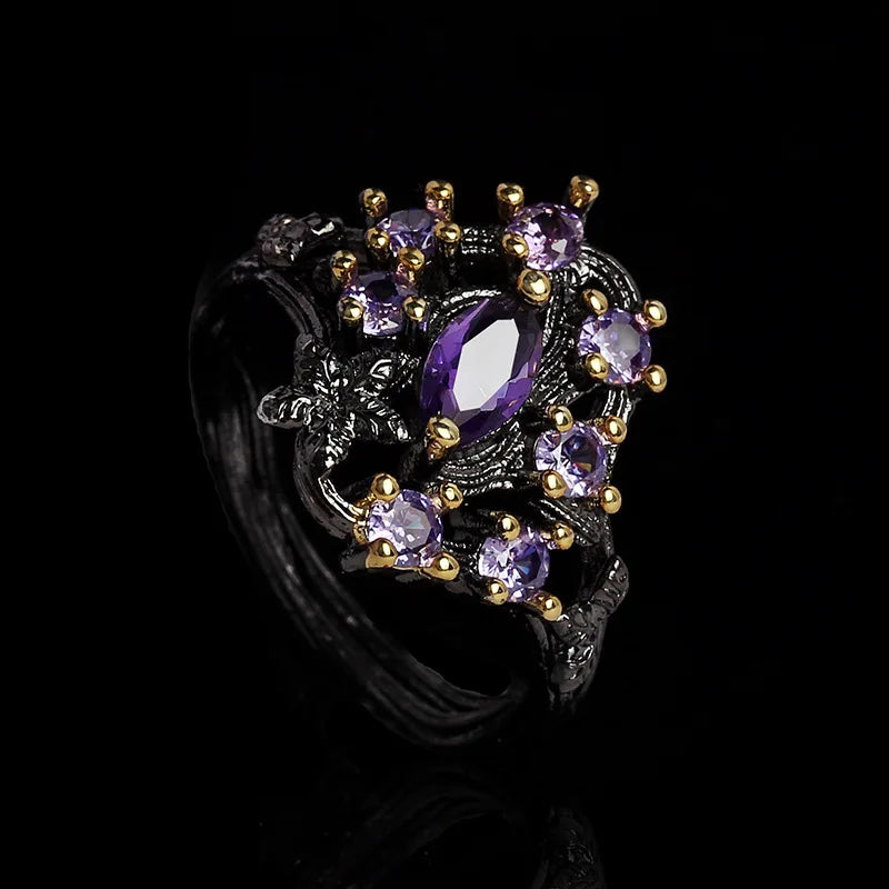 Purple Zircon Women's Ring & Two-tone Flower Ring Party Jewelry Gift