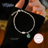 S925 Sterling Silver Bracelet with Emerald & Pearl - Party Gift