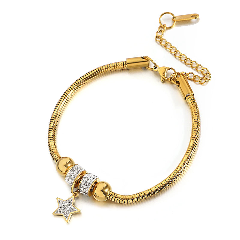 Stainless Steel Rhinestone CZ Love Heart Pentagram Bracelet