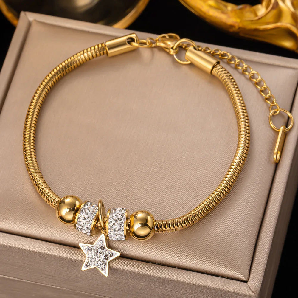 Stainless Steel Rhinestone CZ Love Heart Pentagram Bracelet