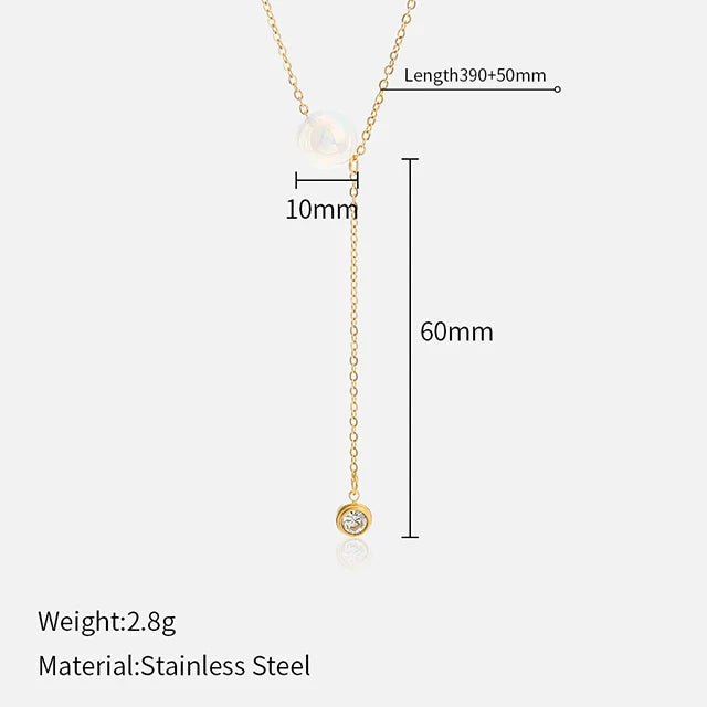 Stainless Steel Shimmer AB Bead Y Necklace Dainty Pendant Waterproof Gift