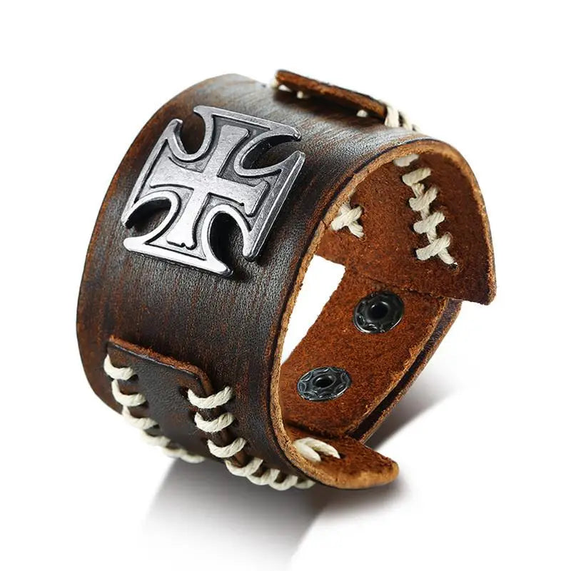 Vintage Leather Maltese Cross Wrap Bracelet for Men