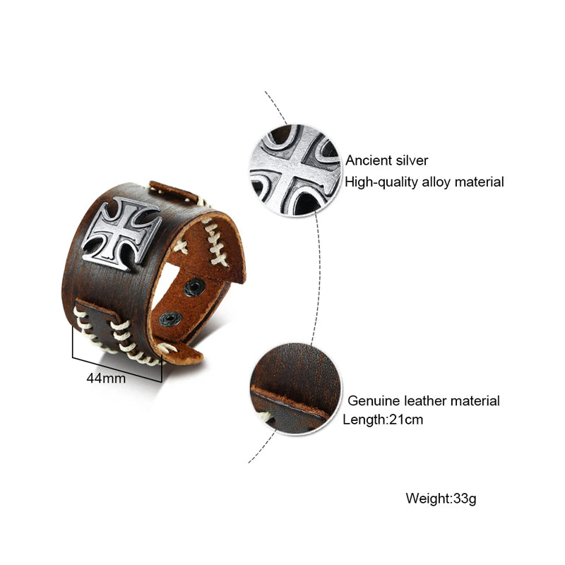Vintage Leather Maltese Cross Wrap Bracelet for Men