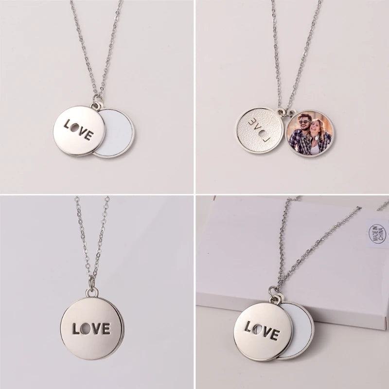 Sublimation Blank Necklace Heart-shaped/Round Hollow Flat Chain Pendant Jewelry