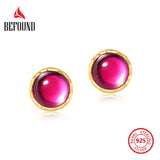925 Silver Red Corundum Stud Earrings 10K Plated Gemstone Fine Jewelry