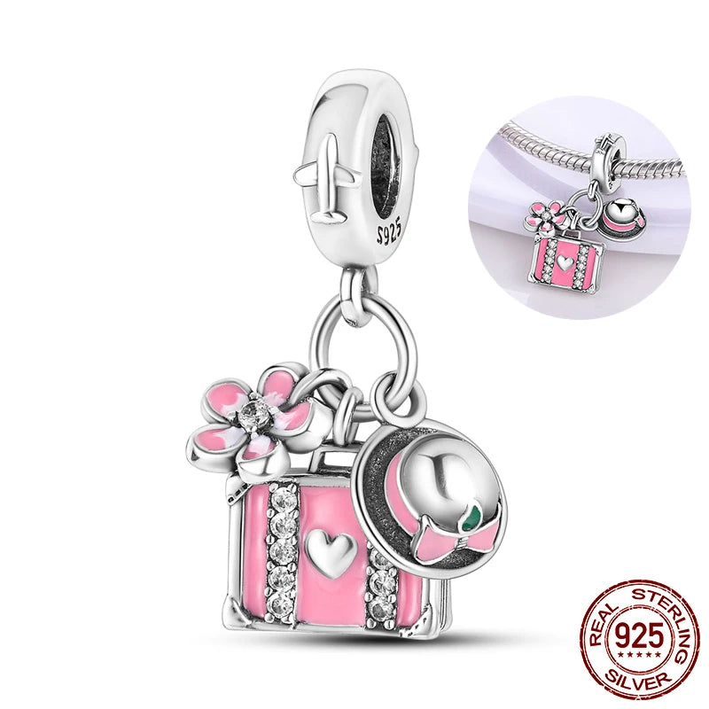 Suitcase Straw Hat Flower Charm Beads Silver Jewelry Making Gift