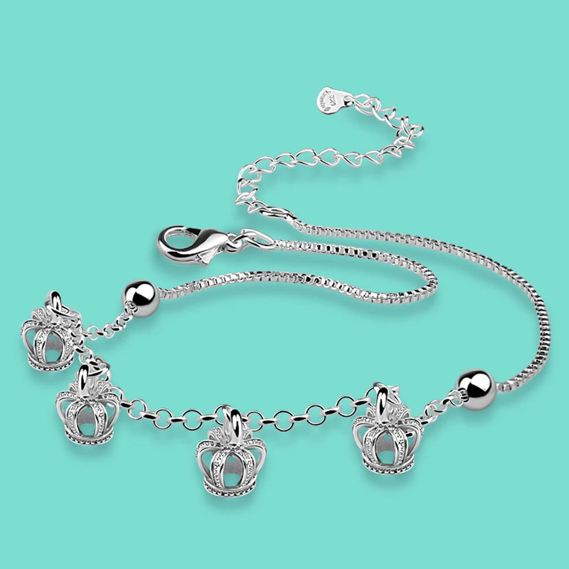 925 Silver Ankle Bracelet Women Crown Pendant Box Chain Foot Jewelry