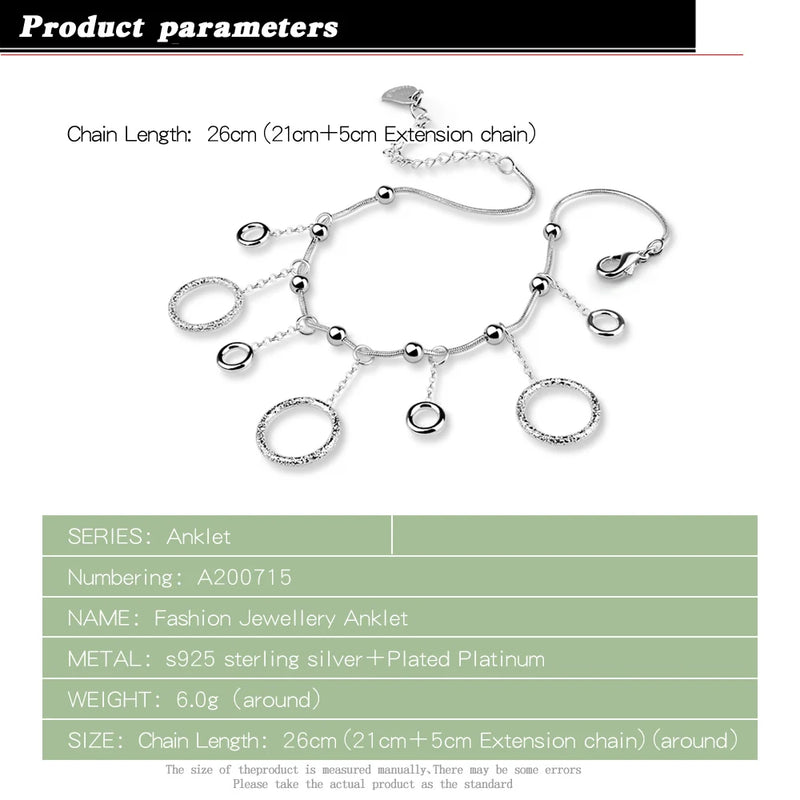 925 Silver Anklet Chain Bracelet for Women Summer Beach Jewelry