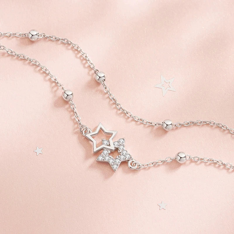 925 Silver Double Star Bracelet Flash Diamond Birthday Gift