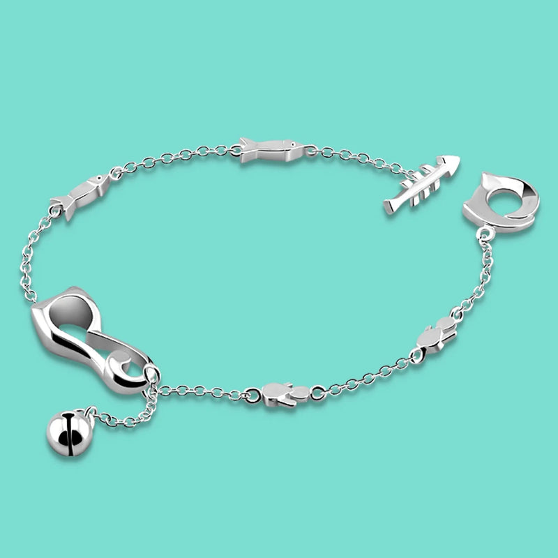 925 Silver Chain Cat Bell Pendant Ankle Bracelet 22.5CM