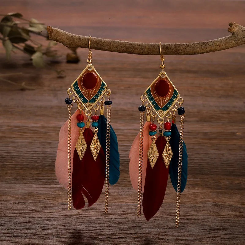 Summer Long Feather Dangle Earrings Wedding Bride Jewelry