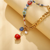 Bohemia Coloured Glaze Heart Necklace Women Ethnic Flower Beads Necklace