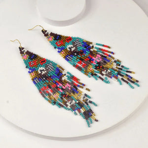 Boho Flower Seed Bead Strand Tassel Earrings