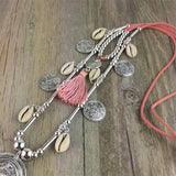 Boho Leather Chain Necklace with Tassel Pendants