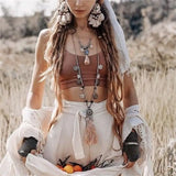 Boho Leather Chain Necklace with Tassel Pendants