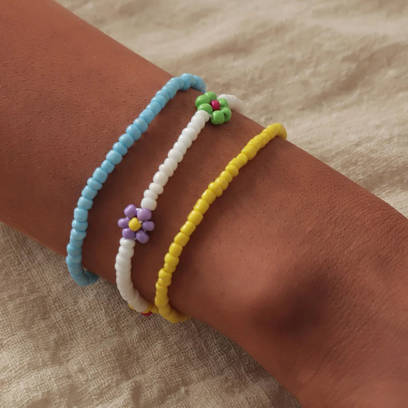 Boho Style Resin Seed Rice Beads Bracelet Colorful Flower Daisy Beach Jewelry
