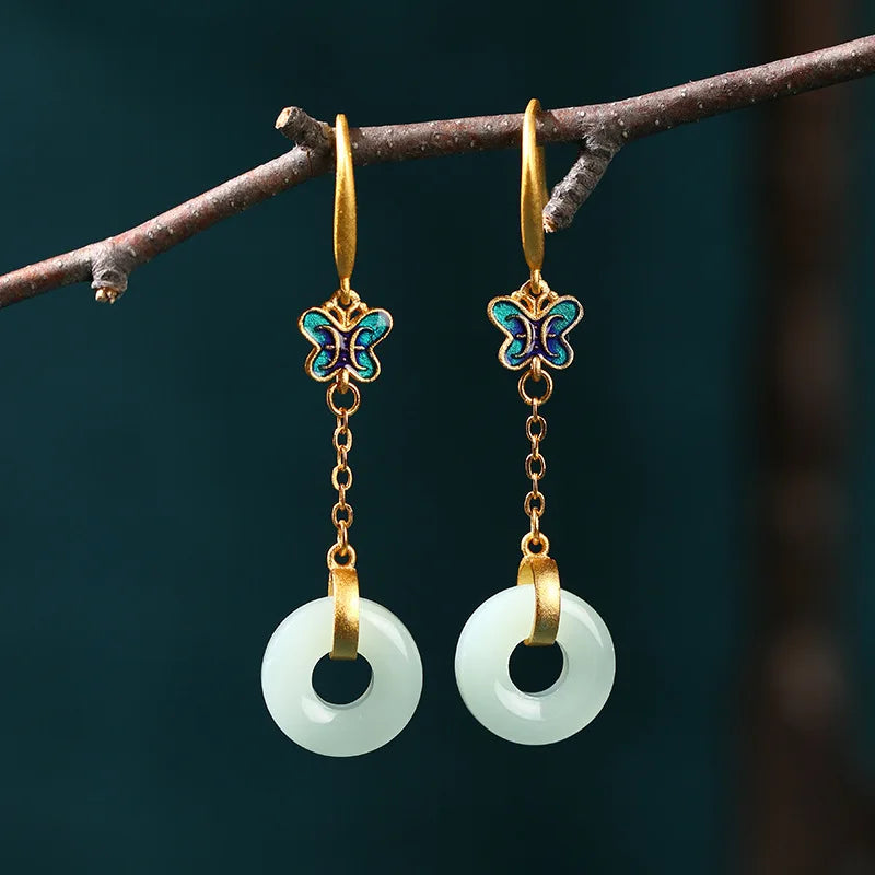 Vintage Butterfly Hetian Jade Earrings for Women