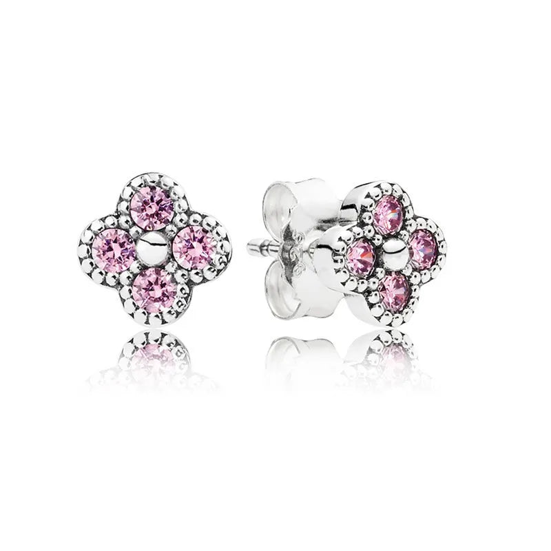 Oriental Blossom Pink CZ Stud Earrings 925 Sterling Silver Fine Jewelry