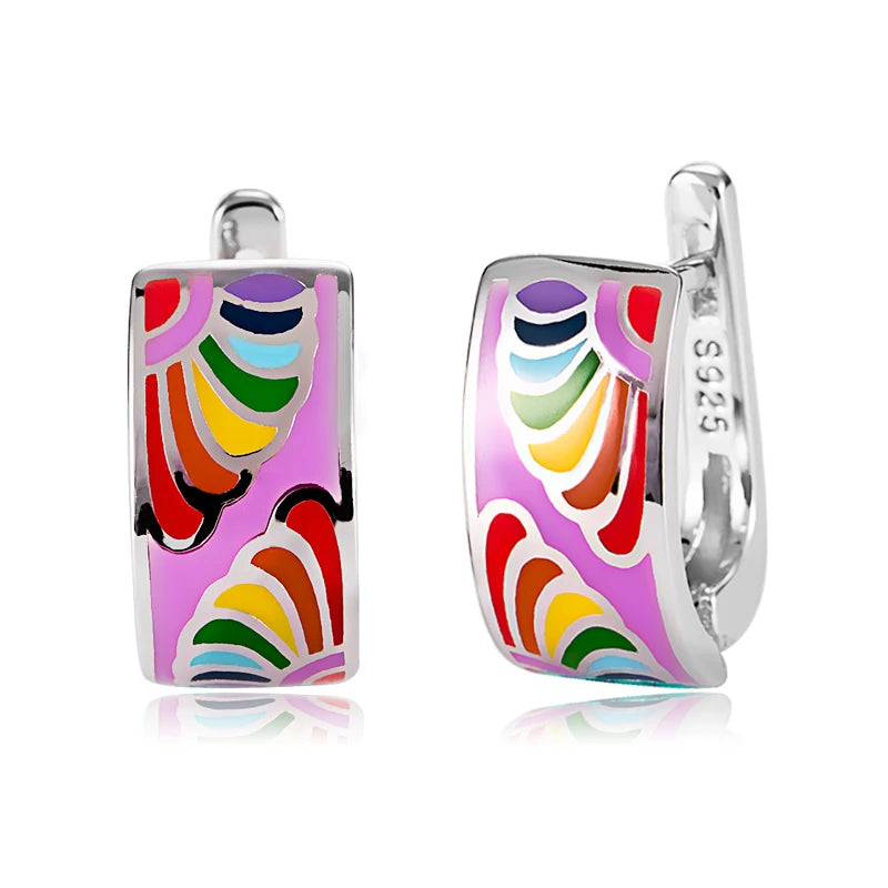 Rainbow Flowers Purple Earrings 925 Sterling Silver Clip Enamel