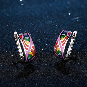 Rainbow Flowers Purple Earrings 925 Sterling Silver Clip Enamel