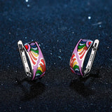 Rainbow Flowers Purple Earrings 925 Sterling Silver Clip Enamel